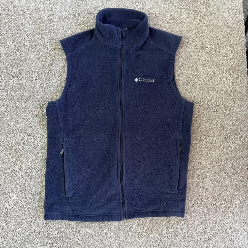 Columbia Vest Mens Medium Blue Fleece Full Zip Pockets Hiking Outdoor Travel